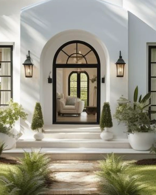 An elegant white home entry with an arched black-framed door, lantern sconces, and potted topiaries